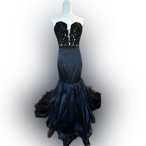Sherri Hill Black Lace Illusion Strapless Gown